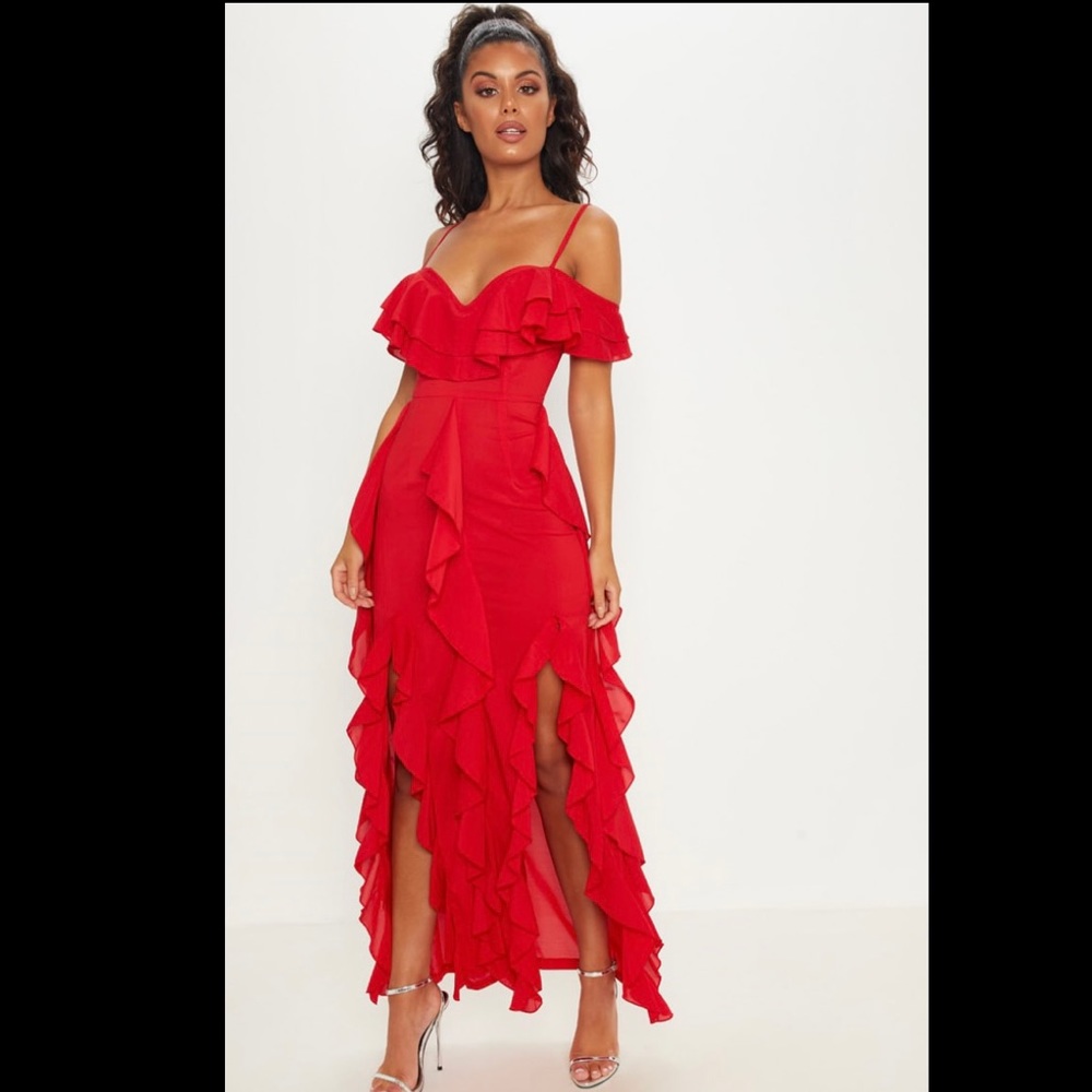 Red Cold Shoulder Ruffle Detail Maxi Dress